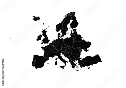 Europe silhouette. This image shows a black Europe map silhouette, outlining the continent and its countries. Vector clipart illustration design.
