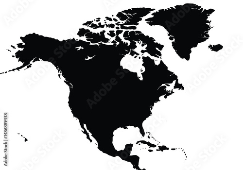 North america silhouette. This image shows a black North America map silhouette, outlining the continent and its countries. Vector clipart illustration design.