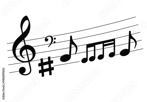 Music symbols silhouette. This image displays black silhouettes of musical symbols including clefs, a sharp, and various notes on a staff. Vector clipart illustration design.