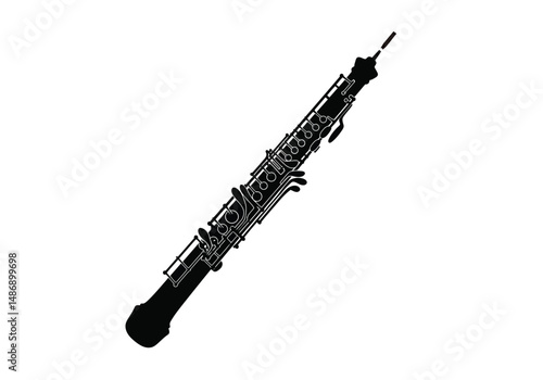 Oboe silhouette. This image depicts a black oboe silhouette, a double-reed woodwind instrument commonly used in orchestras. Vector clipart illustration design.