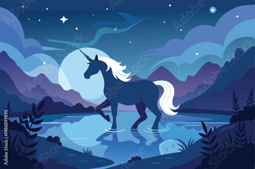 Ethereal Silhouette of a Unicorn Gracefully Gliding through a River at Dawn