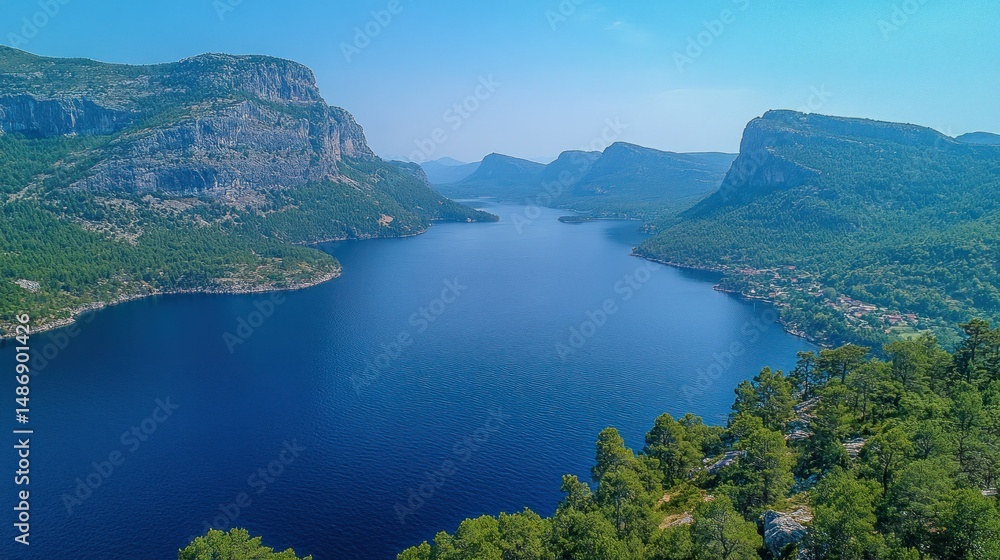 Serene mountain lake, surrounded by lush forests Serene mountain lake, surrounded by lush forests