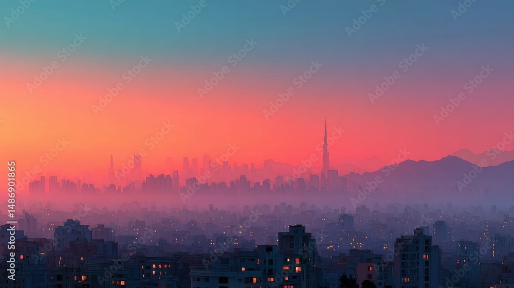 Fototapeta premium Sunset Cityscape: Hazy Skyline at Dusk