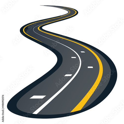 Illustrate a winding, asphalt road with dashed white lane markings  with white background.