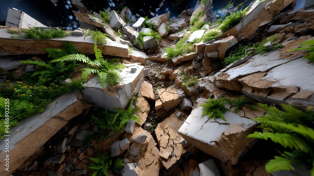 Obraz premium Nature reclaims space with plants growing amidst a broken wall after earthquake damage