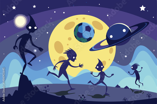 Extraterrestrial Soccer Showdown: Silhouette of Alien Creatures Competing On Field