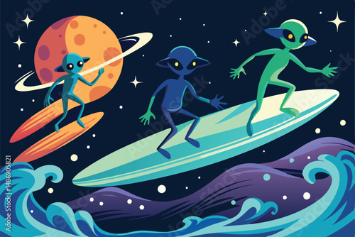 Ethereal Silhouettes of Extraterrestrial Surfers Gliding on Cosmic Waves