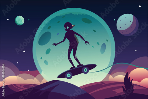 Alien Silhouette Hoverboarding Through the Night Sky