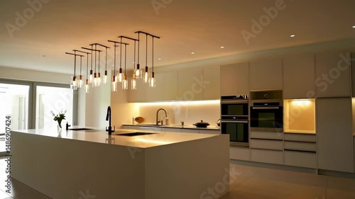 Wide shot of elegant modern kitchen with large island, pendant lighting, sleek white cabinetry, and high-end appliances providing a luxurious cooking space.