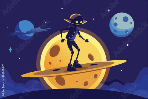 Otherworldly Encounter: Alien on a Hoverboard Against a Night Sky