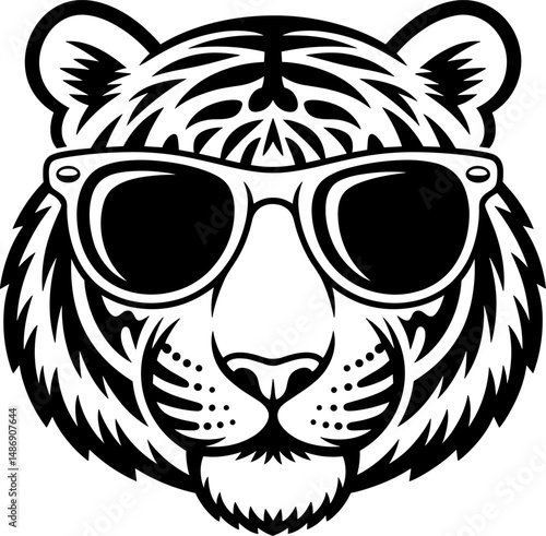 Tiger Face with Sunglasses Line Drawing