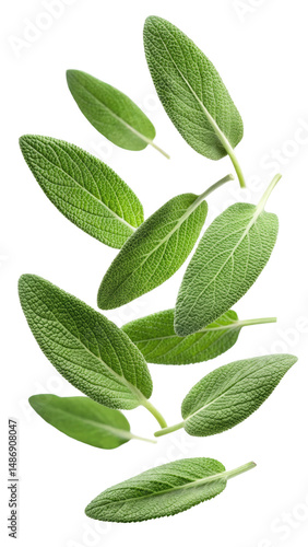 Flying Fresh Sage Leaves with Soft Fuzzy Texture and Herbal Green Hue isolated on transparent white background, clipping path