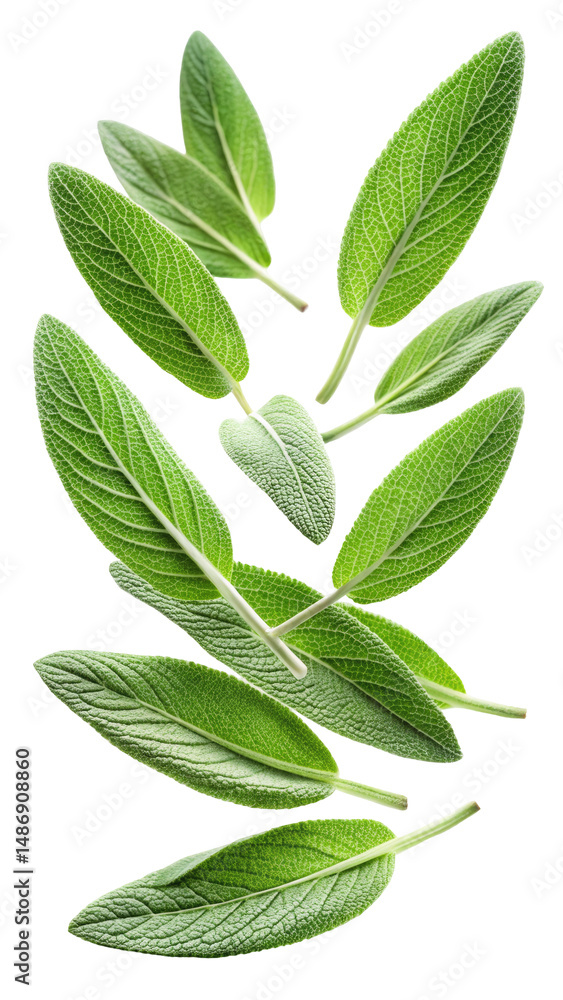 Fototapeta premium Flying Fresh Sage Leaves with Soft Fuzzy Texture and Herbal Green Hue isolated on transparent white background, clipping path