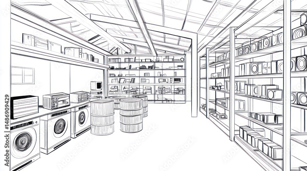 Fototapeta premium Interior sketch of a vintage appliance store