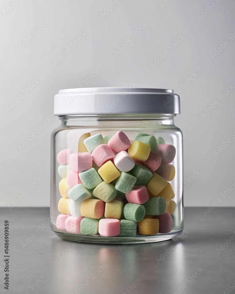 Colorful Mini Marshmallows in a Clear Glass Jar with White Lid Colorful Mini Marshmallows in a Clear Glass Jar with White Lid