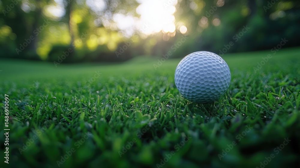 Obraz premium Golf Ball on Lush Green Grass Scenic Sunset Background Sport Recreation