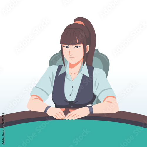 Flat Illustration of a Beautiful Girl Sit by the Poker Table