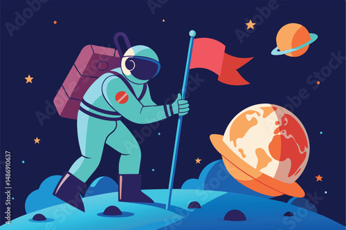 A Trailblazing Silhouette: Astronaut Plants Flag on Uncharted Territory
