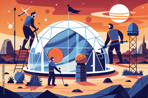 Space Habitat Construction by Astronauts in Silhouette