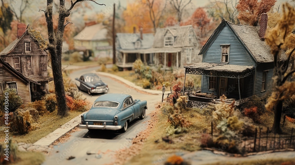 Fototapeta premium Miniature houses and vintage cars on a quiet street in the fall. Nostalgic scene is perfect for storytelling or historical recreations.