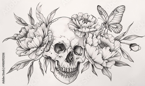 Wallpaper Mural A human skull adorned with peonies and a butterfly, rendered in fine lines, against a simple white background, creating a striking contrast of elegance and mortality. Torontodigital.ca