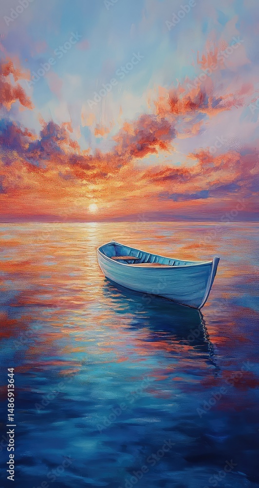 Fototapeta premium Serene Sunset with Lone Boat, and Ocean.