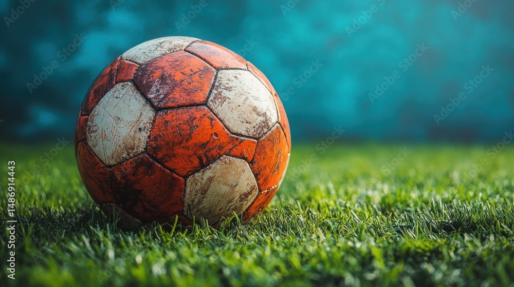 Fototapeta premium Worn Soccer Ball on Green Grass Vintage Football Outdoor Sports