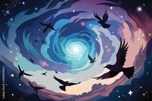 Celestial Symphony: Silhouettes of Cosmic Birds Soaring Through Swirling Ether