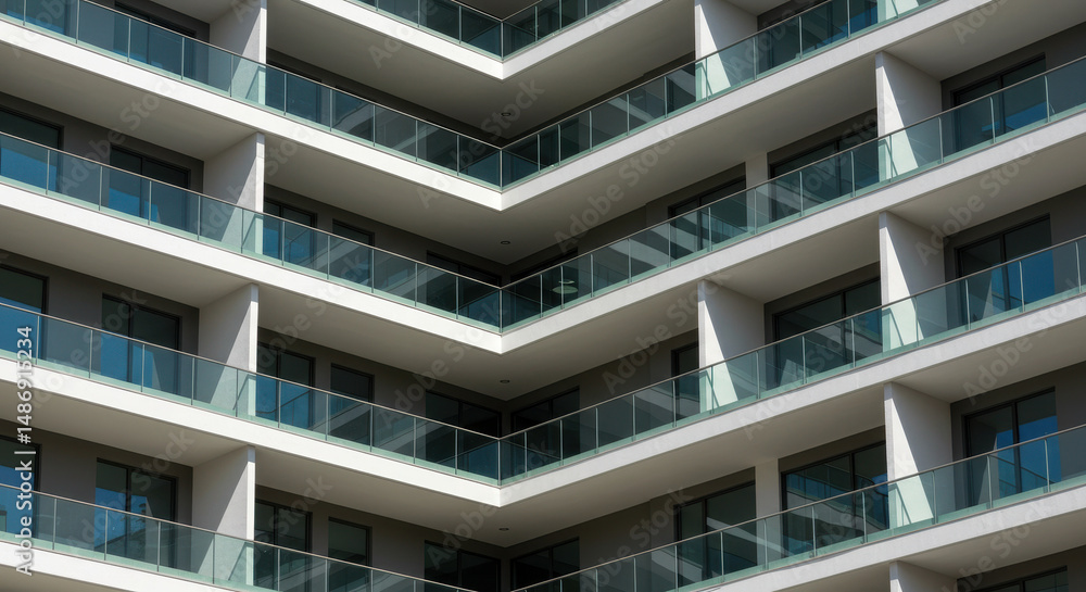 Balcony Bliss: Modern Architecture, Glass Railings, and Apartment Building Elegance in Geometric Harmony Balcony Bliss: Modern Architecture, Glass Railings, and Apartment Building Elegance in Geometric Harmony