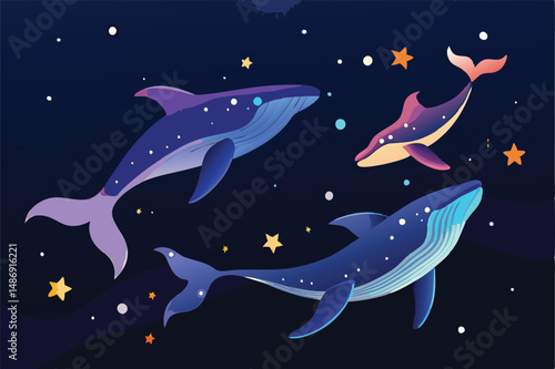 Ethereal Silhouette of Cosmic Whales Traversing the Celestial Void