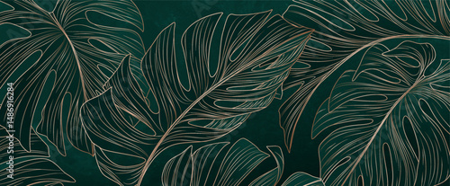 Dark luxury art background with monstera leaves in gold line art style. Botanical banner with tropical leaves for decor, print, poster, textile, wallpaper, interior design, packaging.