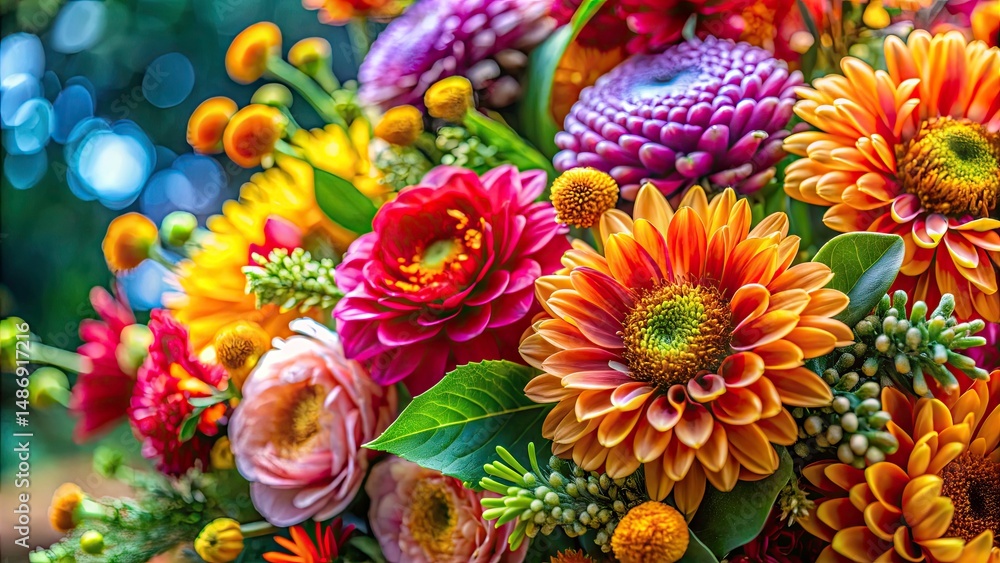 Naklejka premium Onota Burst: Vibrant Floral Explosion, High-Resolution Photography, Close-up Flower Image, Nature Photography, Colorful Blooms