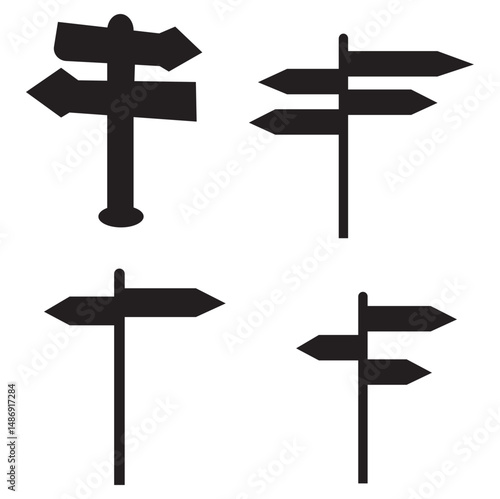 Black Direction Signpost Vector Icons Set Isolated on White Background

