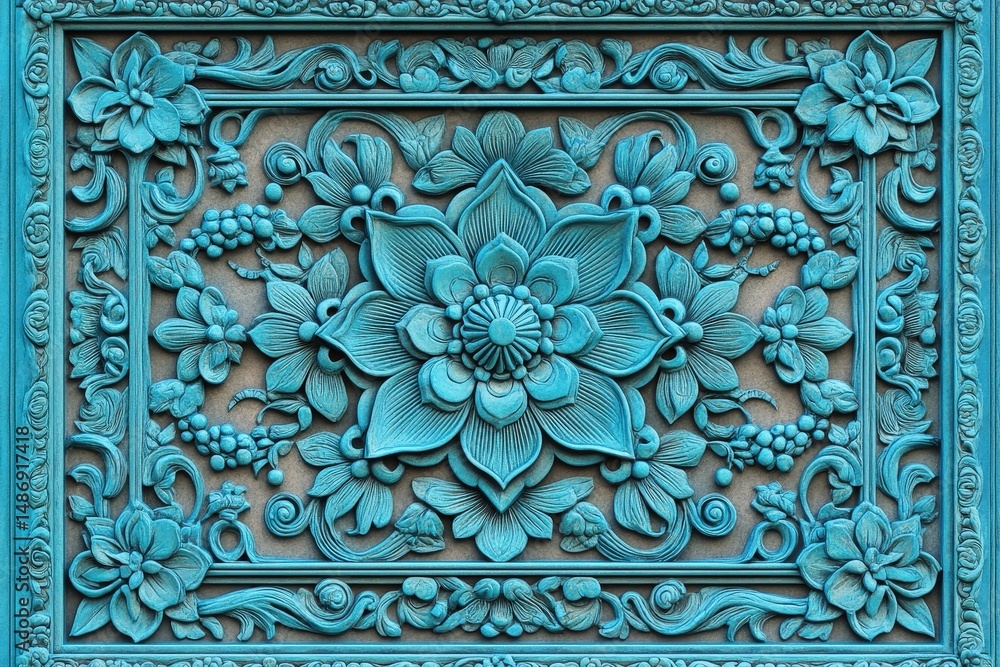 Obraz premium Intricate teal floral panel with carved borders.