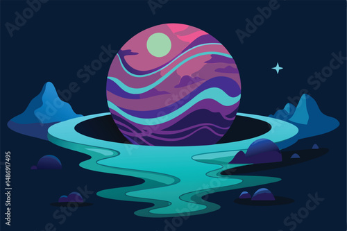 Silhouette of a Planet with Luminescent Rivers Flowing Across Its Surface