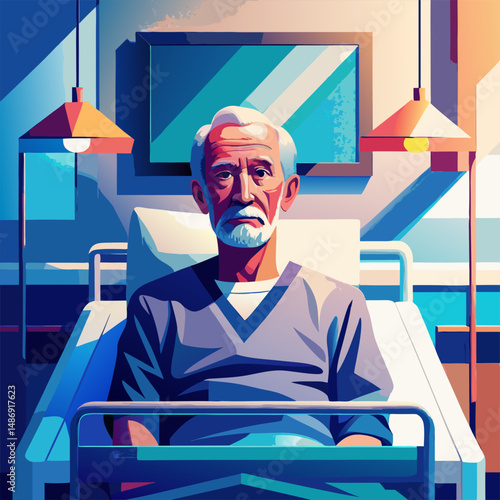 Elderly man in hospital. Senior patient receiving medical care in bed with doctor nearby. Emotional healthcare moment.