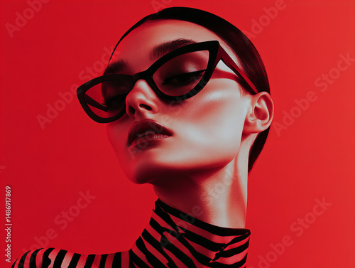 Stylish model poses in striking black and white striped outfit against vibrant red background