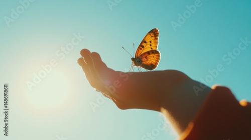 Gentle Touch of Nature: A Butterfly's Grace on a Hand Against the Sun