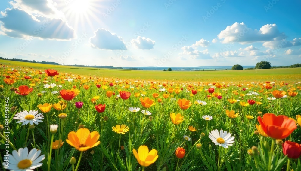 Obraz premium Wildflowers bloom across vast, sun-drenched field, flower, prairie