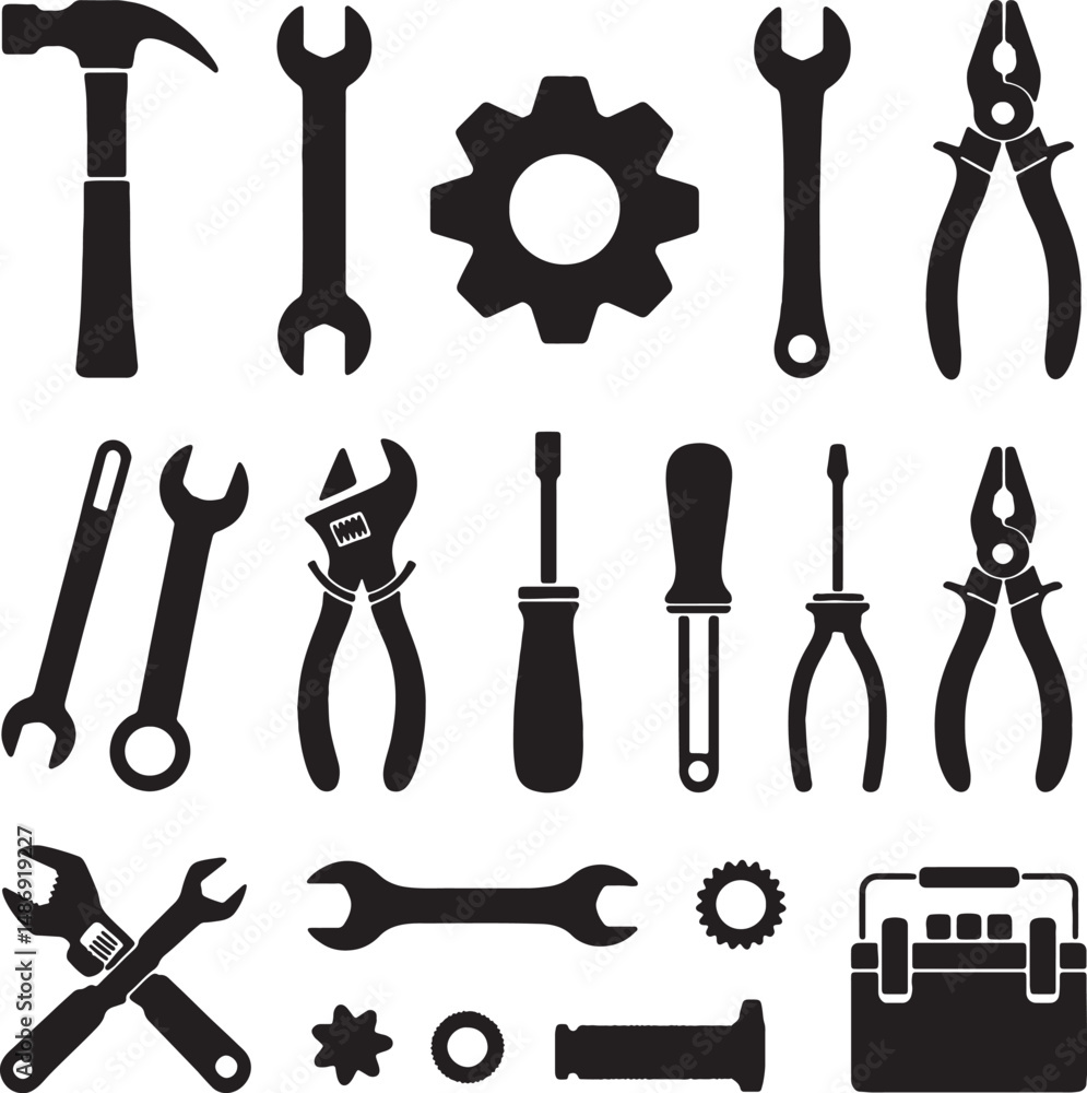 Fototapeta premium Black and white tool icons set mechanic repair kit