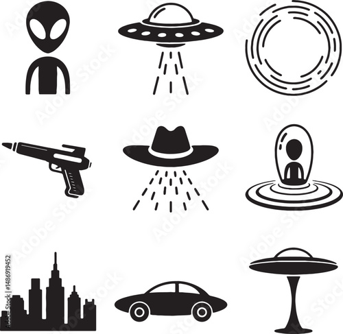 Alien ufo icons cityscape spaceship abduction