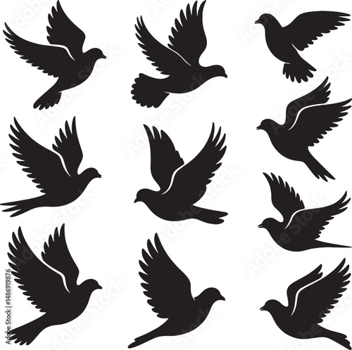 Nine silhouettes of doves in flight peaceful birds