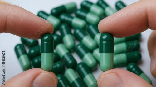 Green capsule pill held by fingers with many capsules background representing pharma production line pharmaceutical medicine manufacturing process