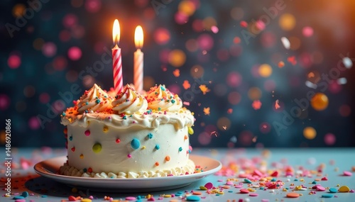 Colorful confetti bursts from a birthday cake, celebrating a joyous occasion , party, colorful confetti, merrymaking