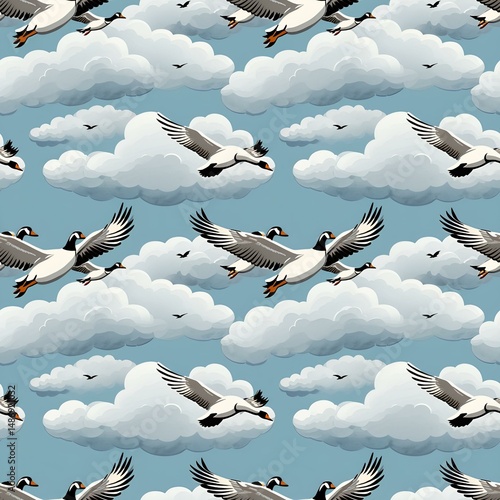illustrated geese flying through clouds