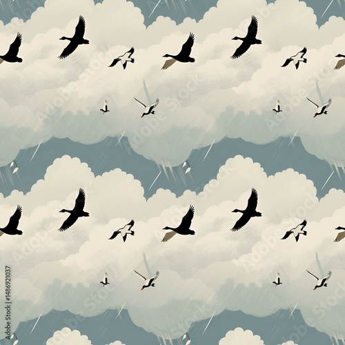 illustrated geese flying through clouds