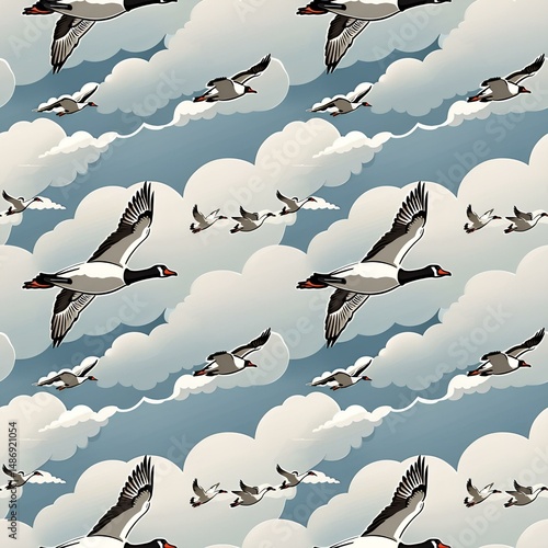 illustrated geese flying through clouds