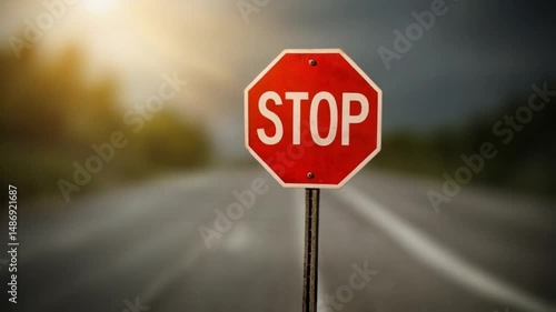 Stop sign on a blurred road: safety and regulations for drivers, traffic control.