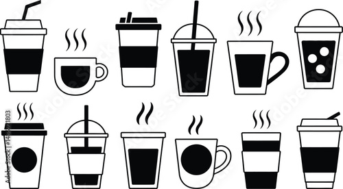 Black and white vector illustration of various coffee cups and mugs designs with steam