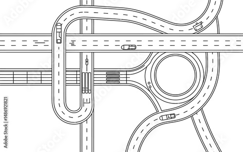 Minimalist black and white illustration of highway intersection with cars and bridges